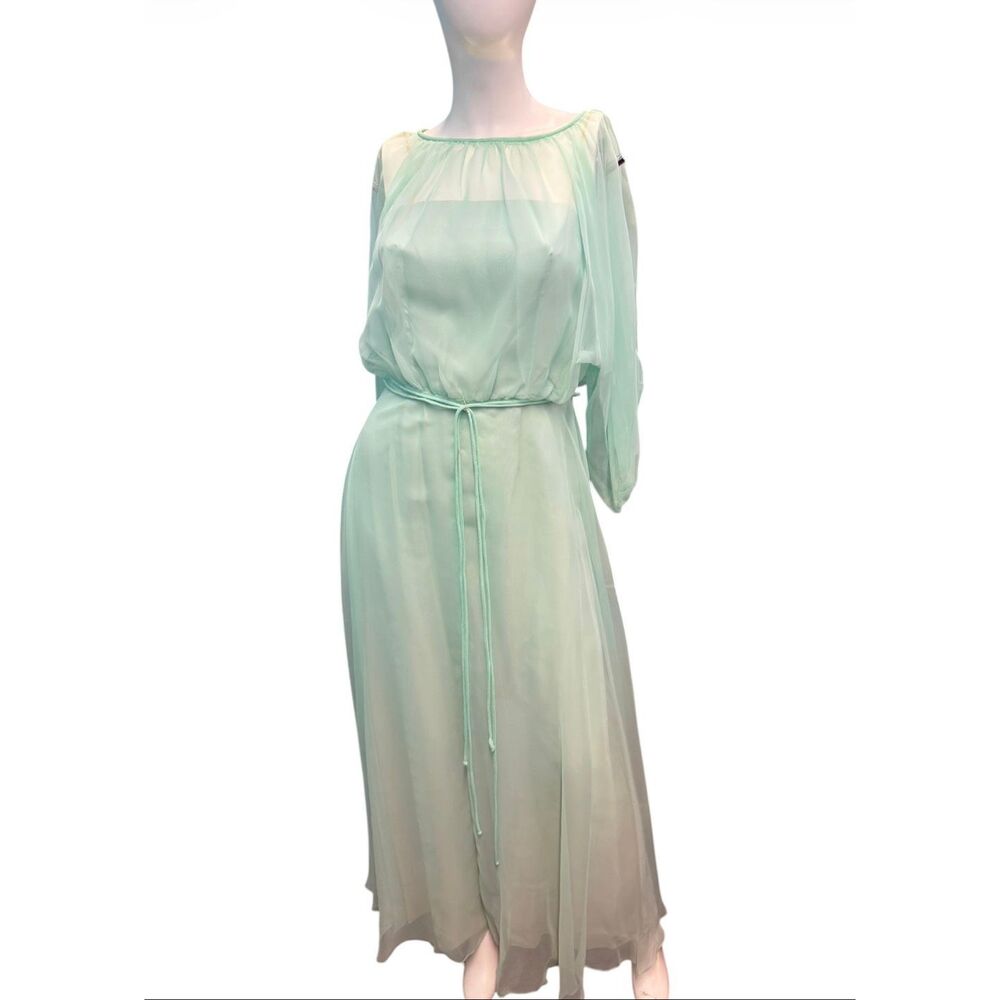 Vintage 70’s Sea Foam Green Blue Overlay Chiffon Goddess Gown Women’s Size XS Ma - Picture 2 of 14
